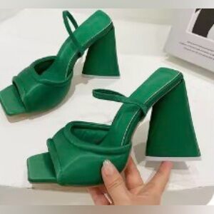 Emerald Green Padded Block Heel Slingback Sandals